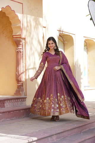 Luxurious Purple Viscose Cosmos Gown with Embroidered Dupatta Set ClothsVilla