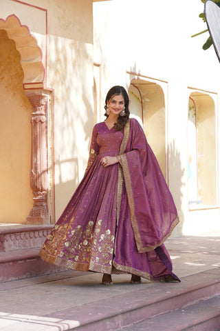 Luxurious Purple Viscose Cosmos Gown with Embroidered Dupatta Set ClothsVilla