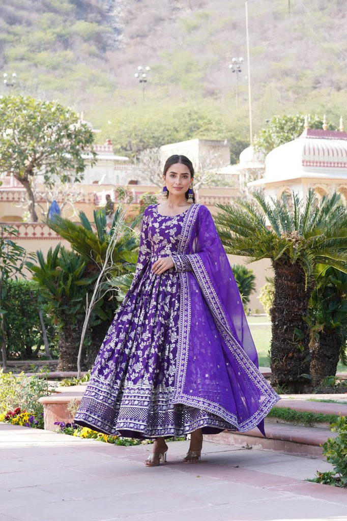 Luxe Purple Viscose Jacquard Gown with Sequin Embroidery & Russian Silk Dupatta ClothsVilla
