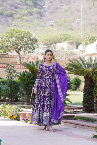 Luxe Purple Viscose Jacquard Gown with Sequin Embroidery & Russian Silk Dupatta ClothsVilla