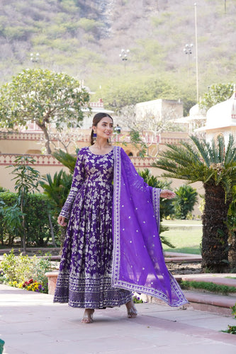 Luxe Purple Viscose Jacquard Gown with Sequin Embroidery & Russian Silk Dupatta ClothsVilla