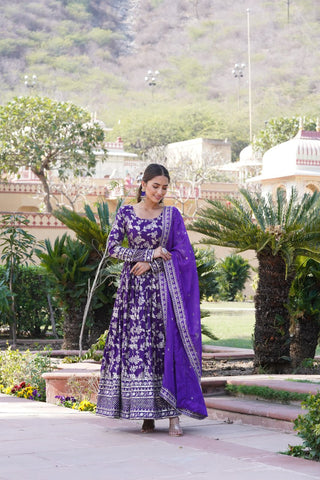 Luxe Purple Viscose Jacquard Gown with Sequin Embroidery & Russian Silk Dupatta ClothsVilla