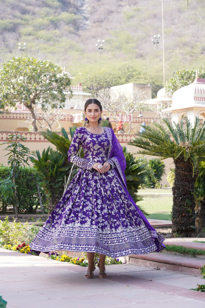 Luxe Purple Viscose Jacquard Gown with Sequin Embroidery & Russian Silk Dupatta ClothsVilla