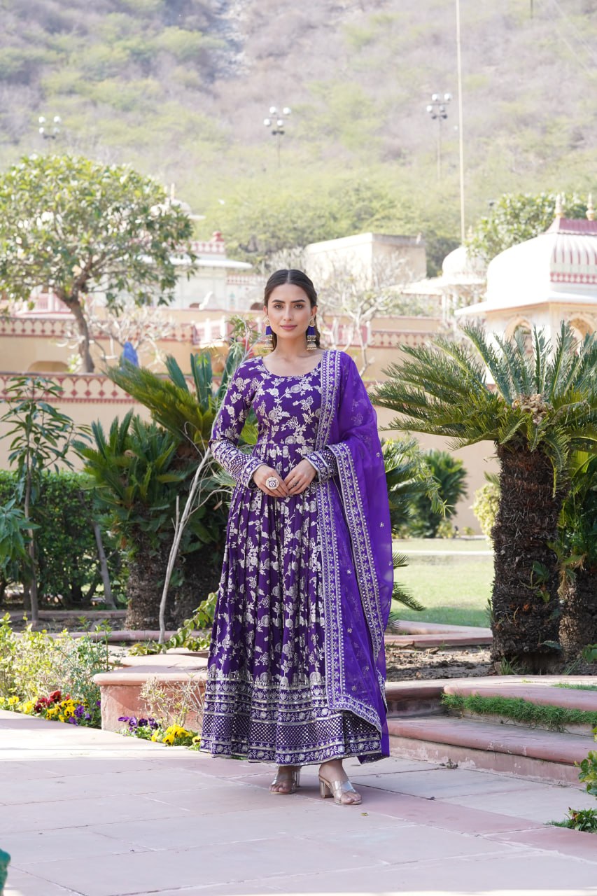 Luxe Purple Viscose Jacquard Gown with Sequin Embroidery & Russian Silk Dupatta ClothsVilla Main image