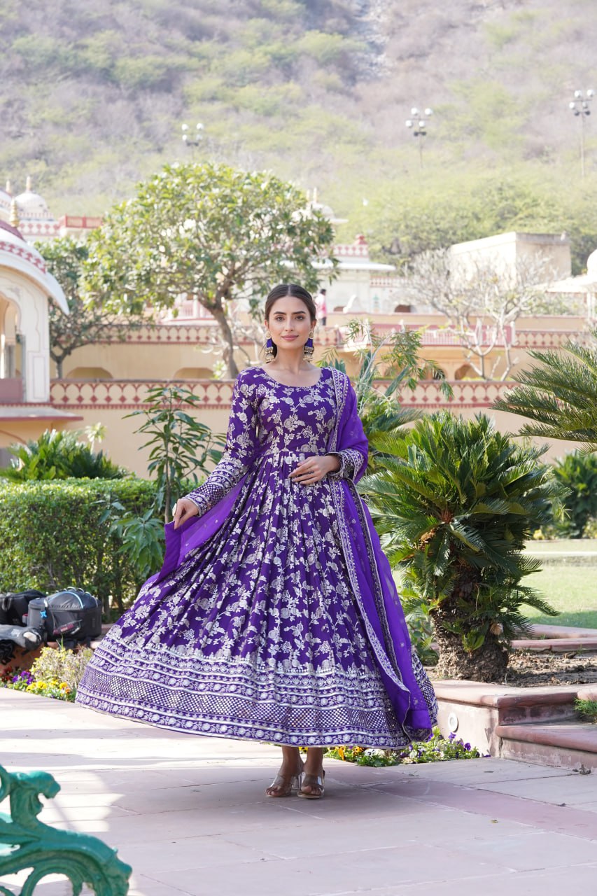 Luxe Purple Viscose Jacquard Gown with Sequin Embroidery & Russian Silk Dupatta ClothsVilla