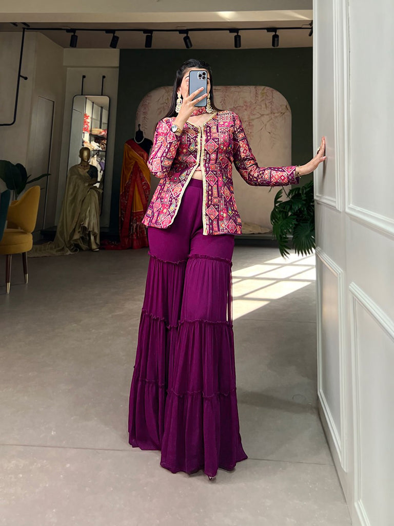 Purple Viscose Jacquard Kurta Palazzo Set with Weaving Work and Printed Detailing (Copy) ClothsVilla
