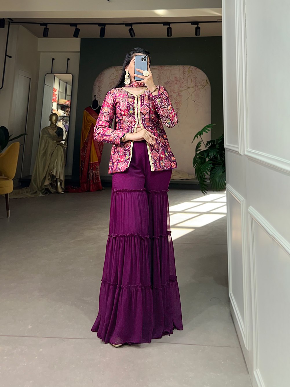 Purple Viscose Jacquard Kurta Palazzo Set with Weaving Work and Printed Detailing (Copy) ClothsVilla Main image