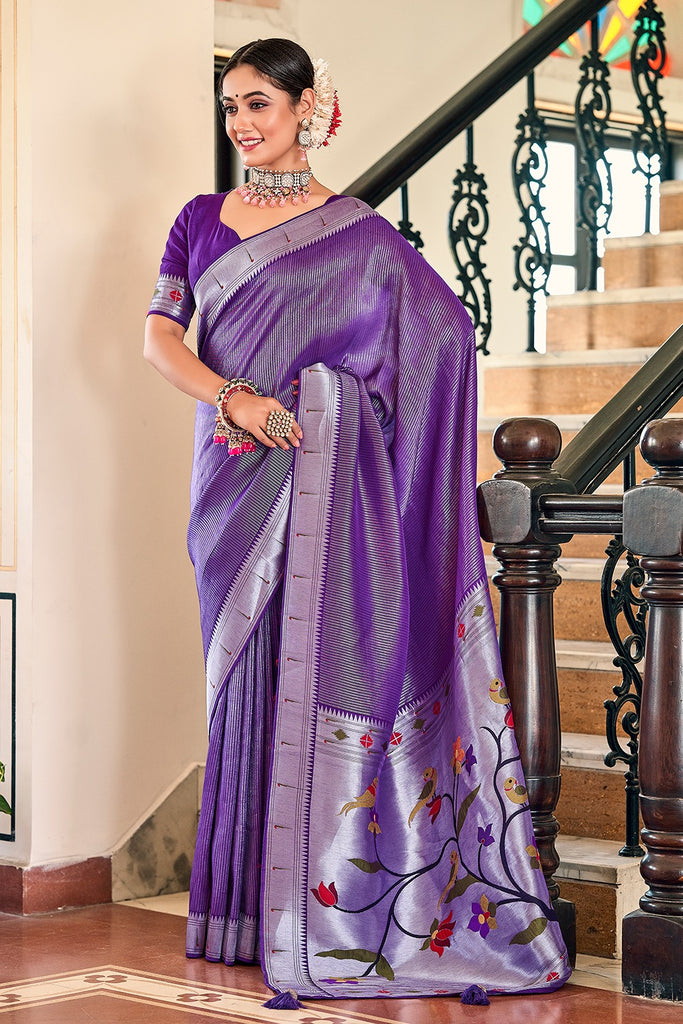 Exquisite Purple Viscose Paithani Meenakari Saree ClothsVilla