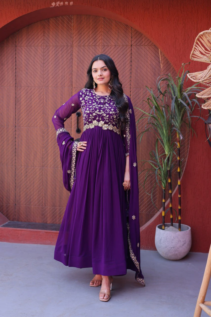 Purple Wedding Wear Embroidered Gown ClothsVilla
