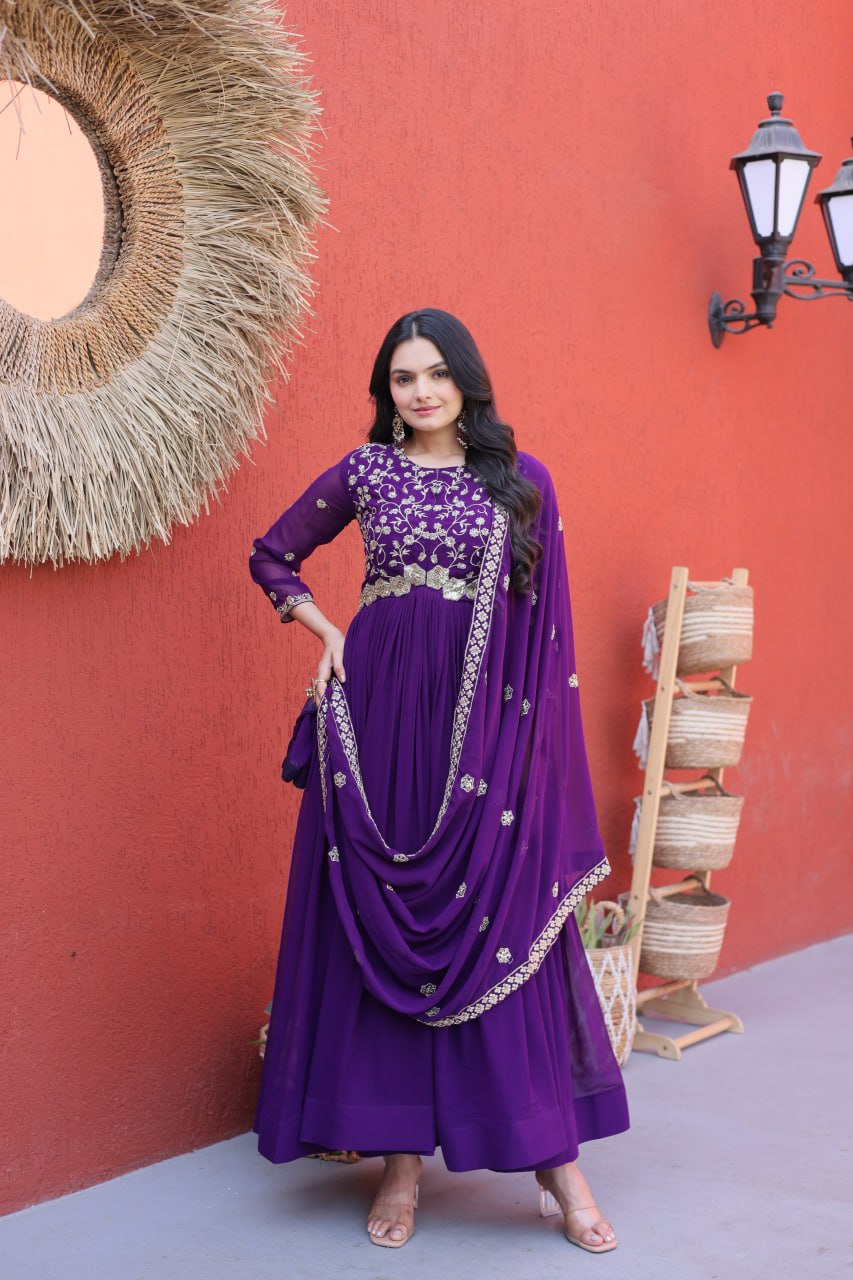 Purple Wedding Wear Embroidered Gown ClothsVilla