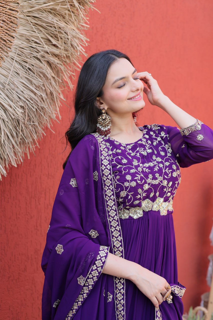 Purple Wedding Wear Embroidered Gown ClothsVilla