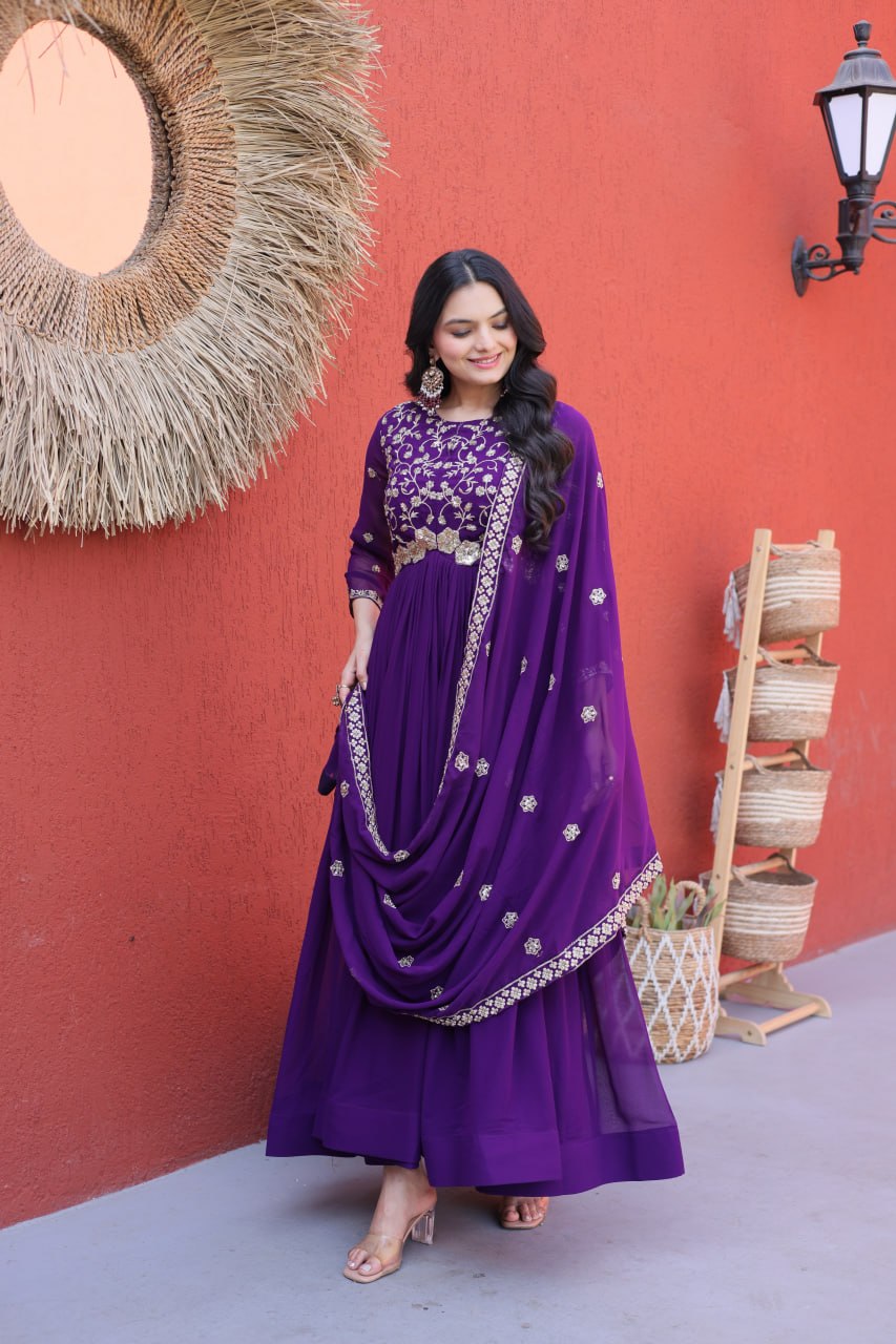 Purple Wedding Wear Embroidered Gown ClothsVilla