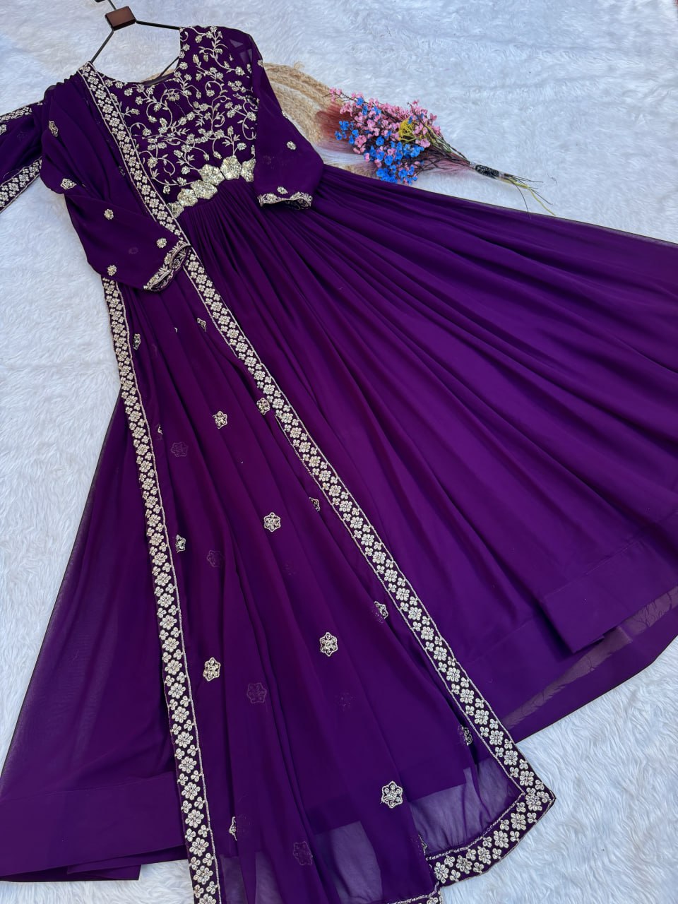 Purple Wedding Wear Embroidered Gown ClothsVilla