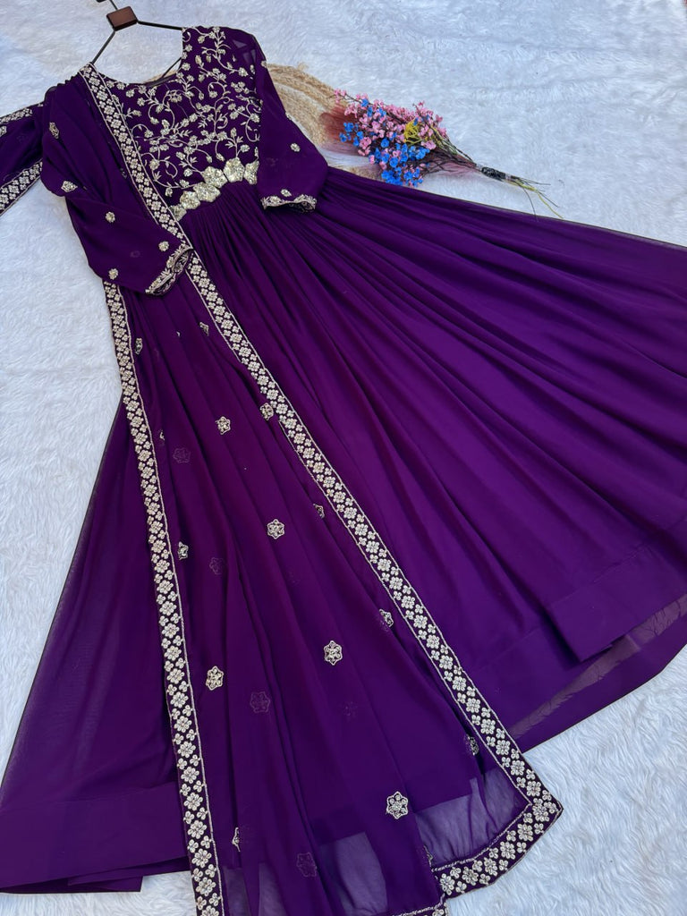 Purple Wedding Wear Embroidered Gown ClothsVilla