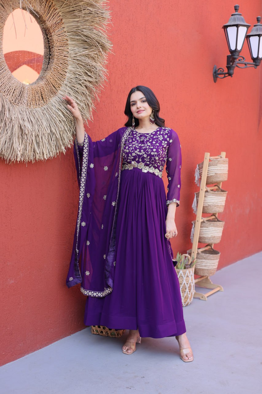 Purple Wedding Wear Embroidered Gown ClothsVilla