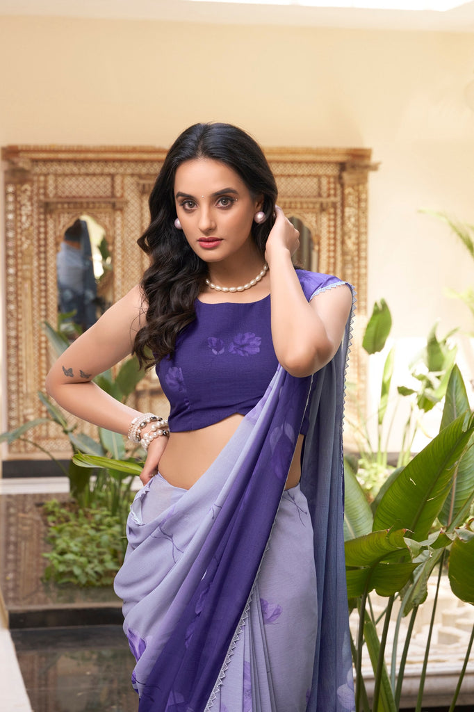 Purple Weightless Marbal Floral Printed Saree with Lace Border & Matching Blouse ClothsVilla