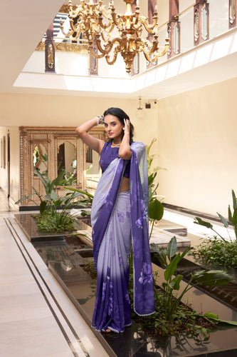 Purple Weightless Marbal Floral Printed Saree with Lace Border & Matching Blouse ClothsVilla