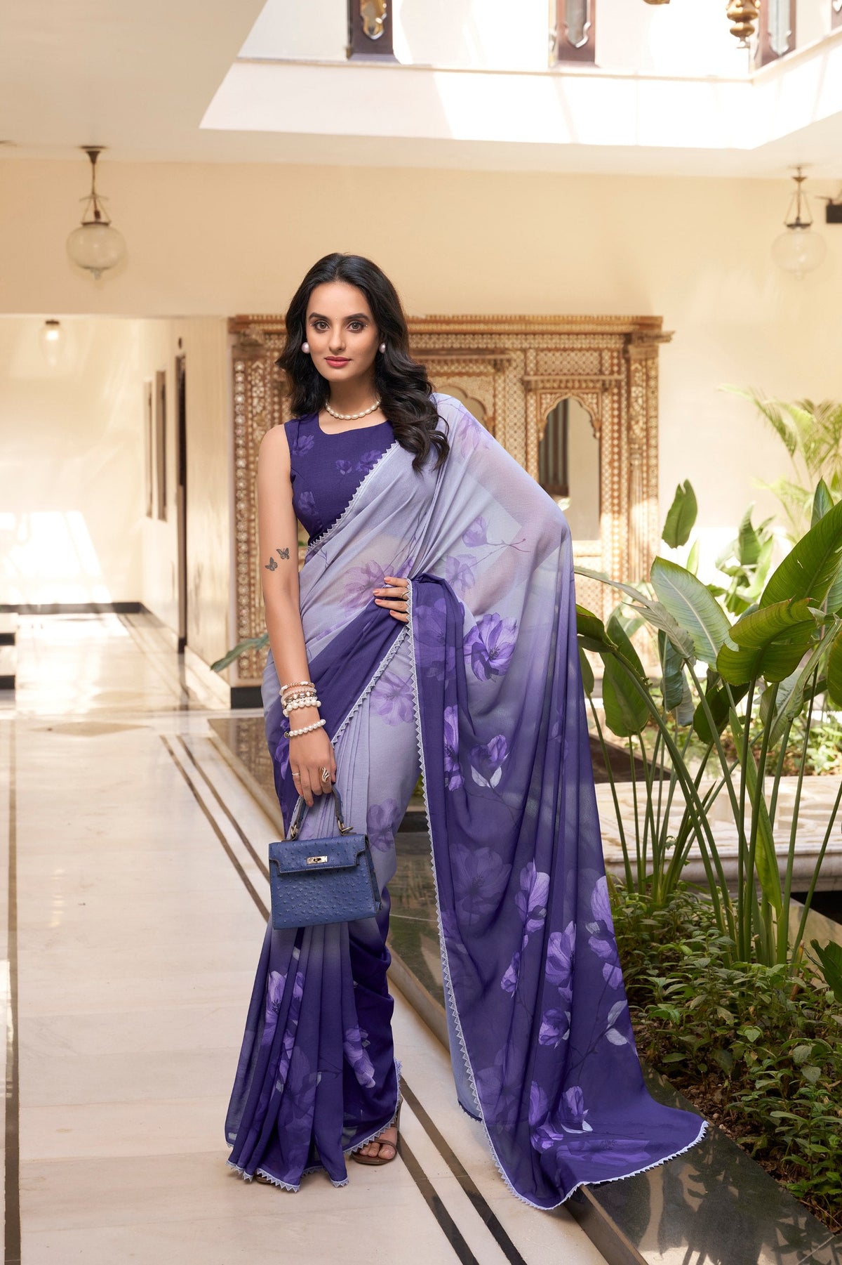 Purple Weightless Marbal Floral Printed Saree with Lace Border & Matching Blouse ClothsVilla Main image