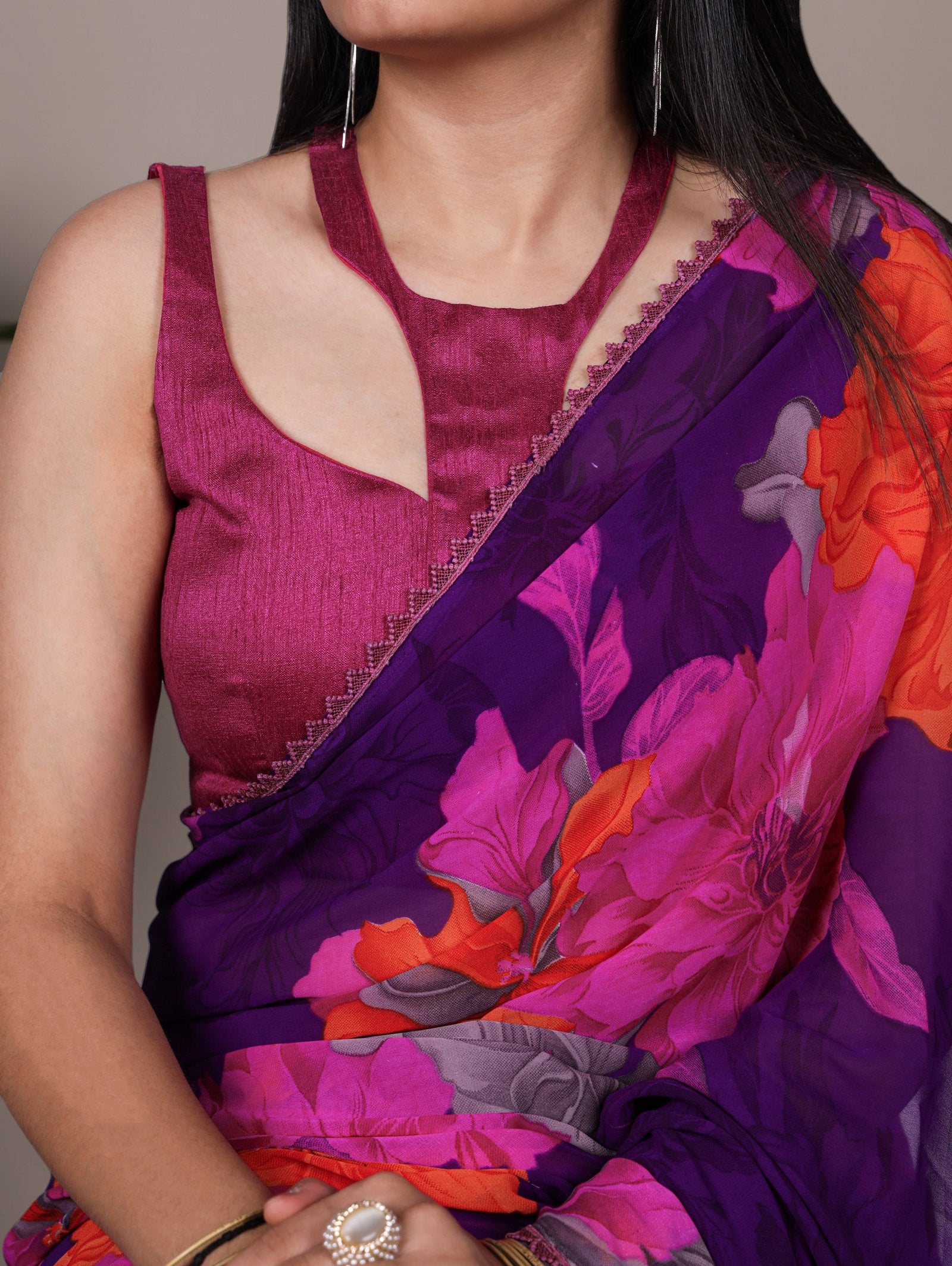 Purple Weightless Marbal Floral Printed Saree with Lace Border & Unstitched Banglory Plain Blouse ClothsVilla