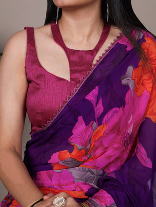 Purple Weightless Marbal Floral Printed Saree with Lace Border & Unstitched Banglory Plain Blouse ClothsVilla