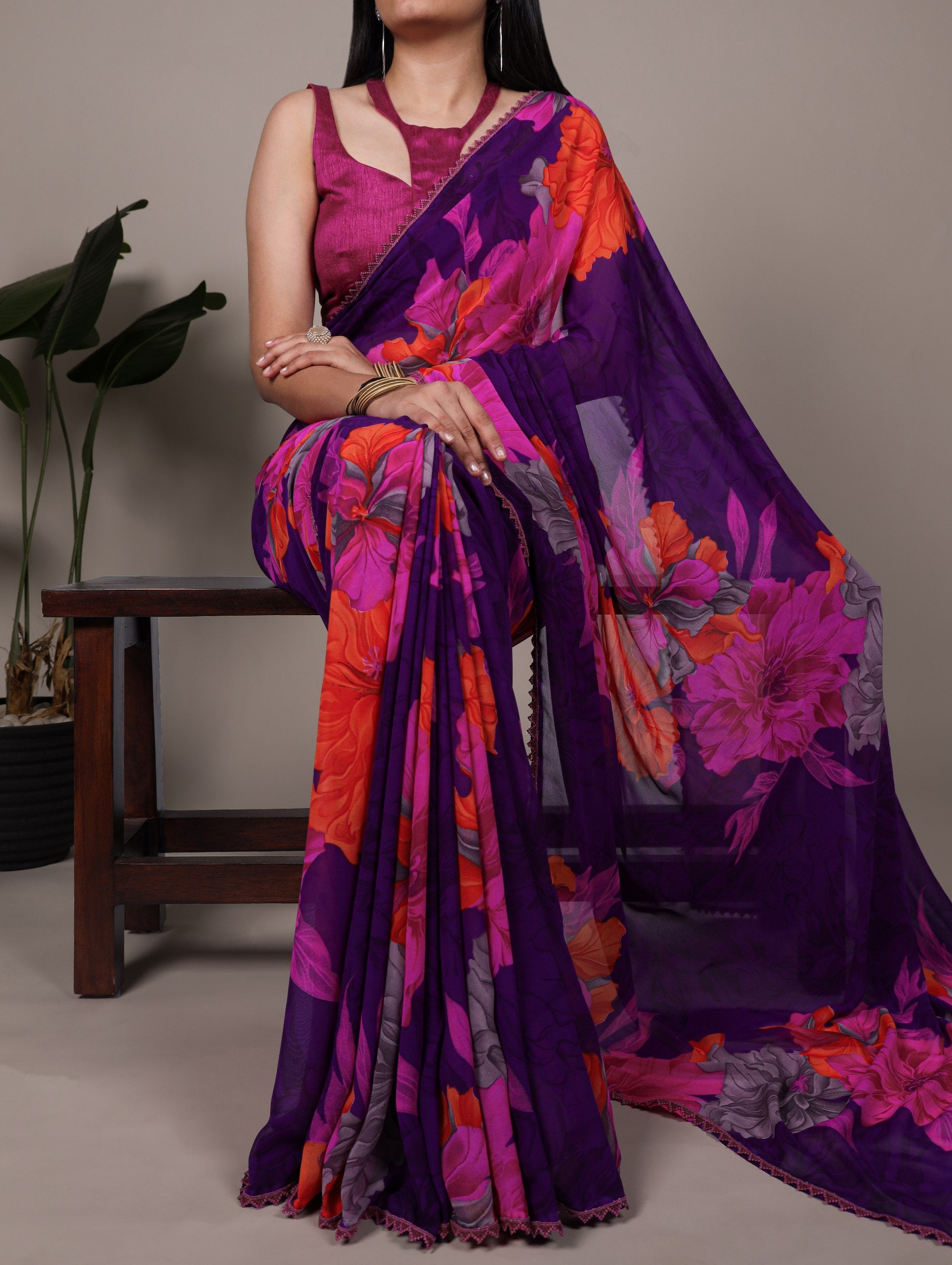 Purple Weightless Marbal Floral Printed Saree with Lace Border & Unstitched Banglory Plain Blouse ClothsVilla Main image