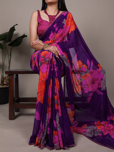 Purple Weightless Marbal Floral Printed Saree with Lace Border & Unstitched Banglory Plain Blouse ClothsVilla