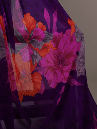 Purple Weightless Marbal Floral Printed Saree with Lace Border & Unstitched Banglory Plain Blouse ClothsVilla