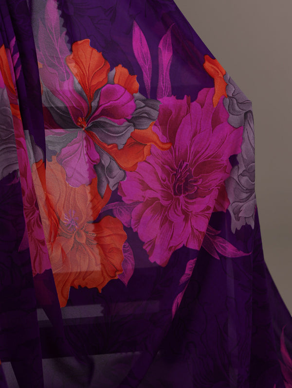 Purple Weightless Marbal Floral Printed Saree with Lace Border & Unstitched Banglory Plain Blouse ClothsVilla