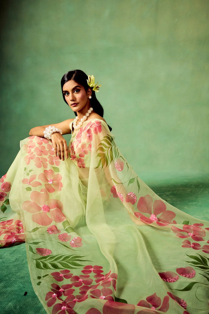 Mint Green Pure Organza Saree with Hand-Painted Pink Floral Motifs & Sequin Detailing | Satin Blouse FANCY SAREES