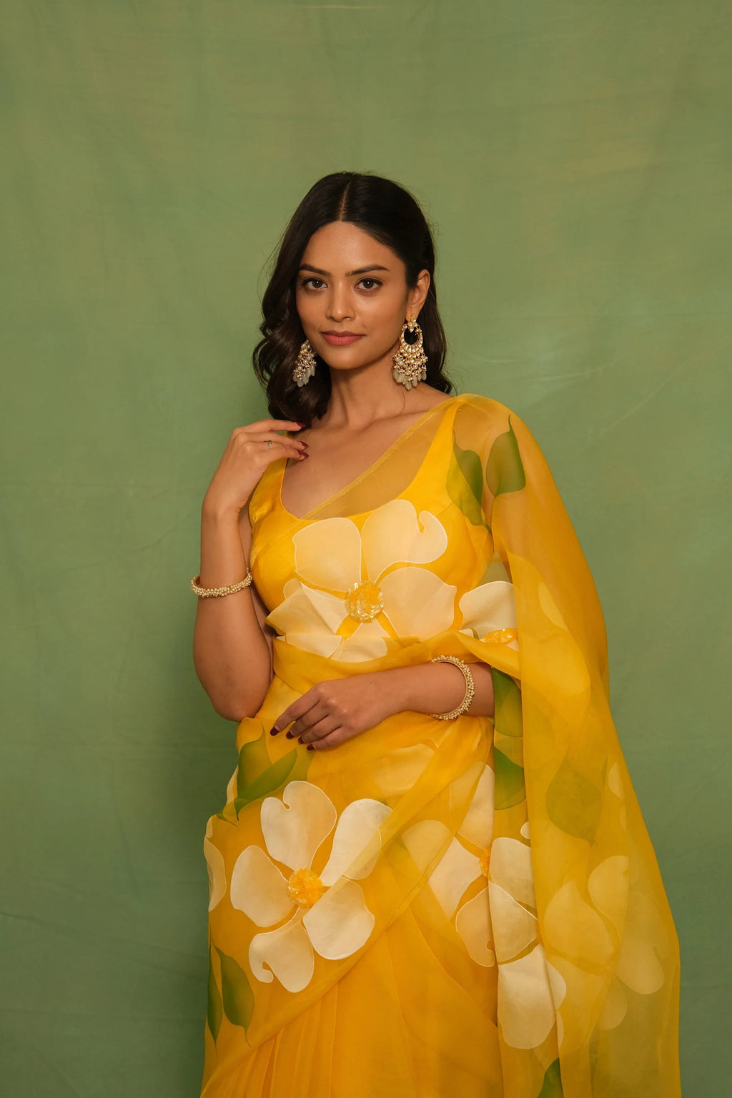 Sunshine Yellow Pure Organza Saree with Hand-Painted White Floral Motifs & Sequin Embellishments FANCY SAREES