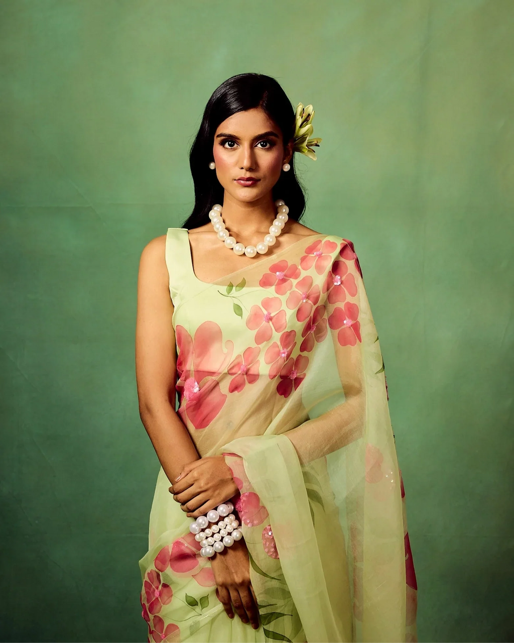 Mint Green Pure Organza Saree with Hand-Painted Pink Floral Motifs & Sequin Detailing | Satin Blouse FANCY SAREES