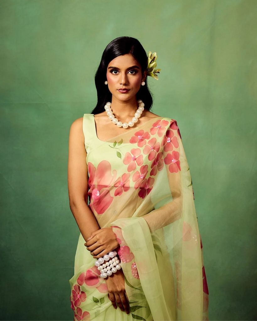 Mint Green Pure Organza Saree with Hand-Painted Pink Floral Motifs & Sequin Detailing | Satin Blouse FANCY SAREES