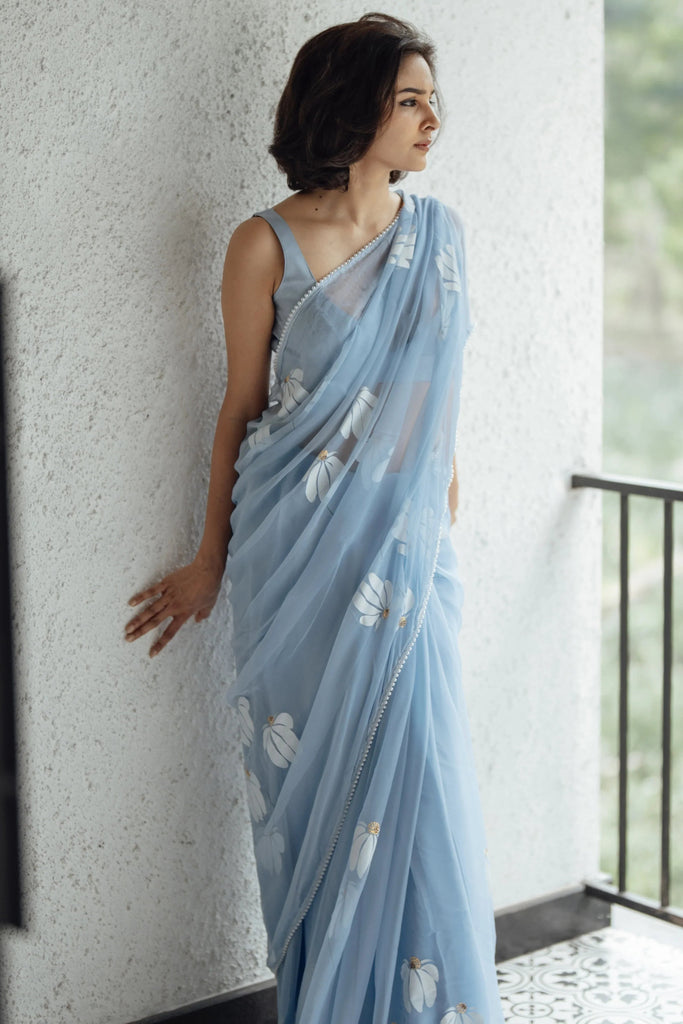 Sky Blue Pure Georgette Hand-Painted Floral Saree with Sequins & Pearl Detailing | Satin Blouse FANCY SAREES