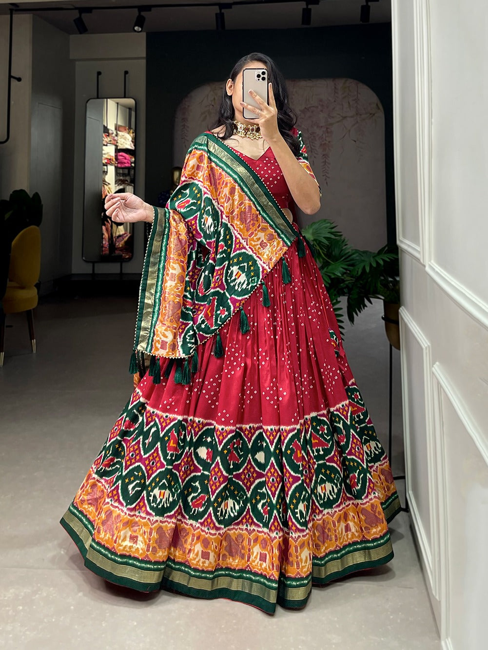 Radiant Red Tussar Silk Lehenga Choli with Enchanting Patola Print & Foil Work ClothsVilla Main image