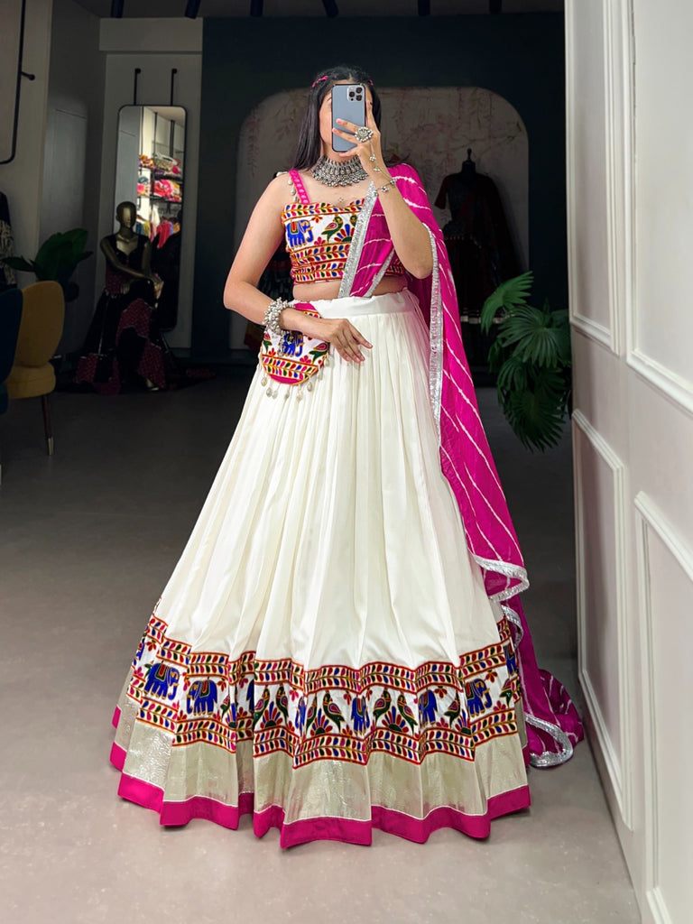 Radiant White Gamthi Work Lehenga Choli Set with Leheriya Dupatta ClothsVilla