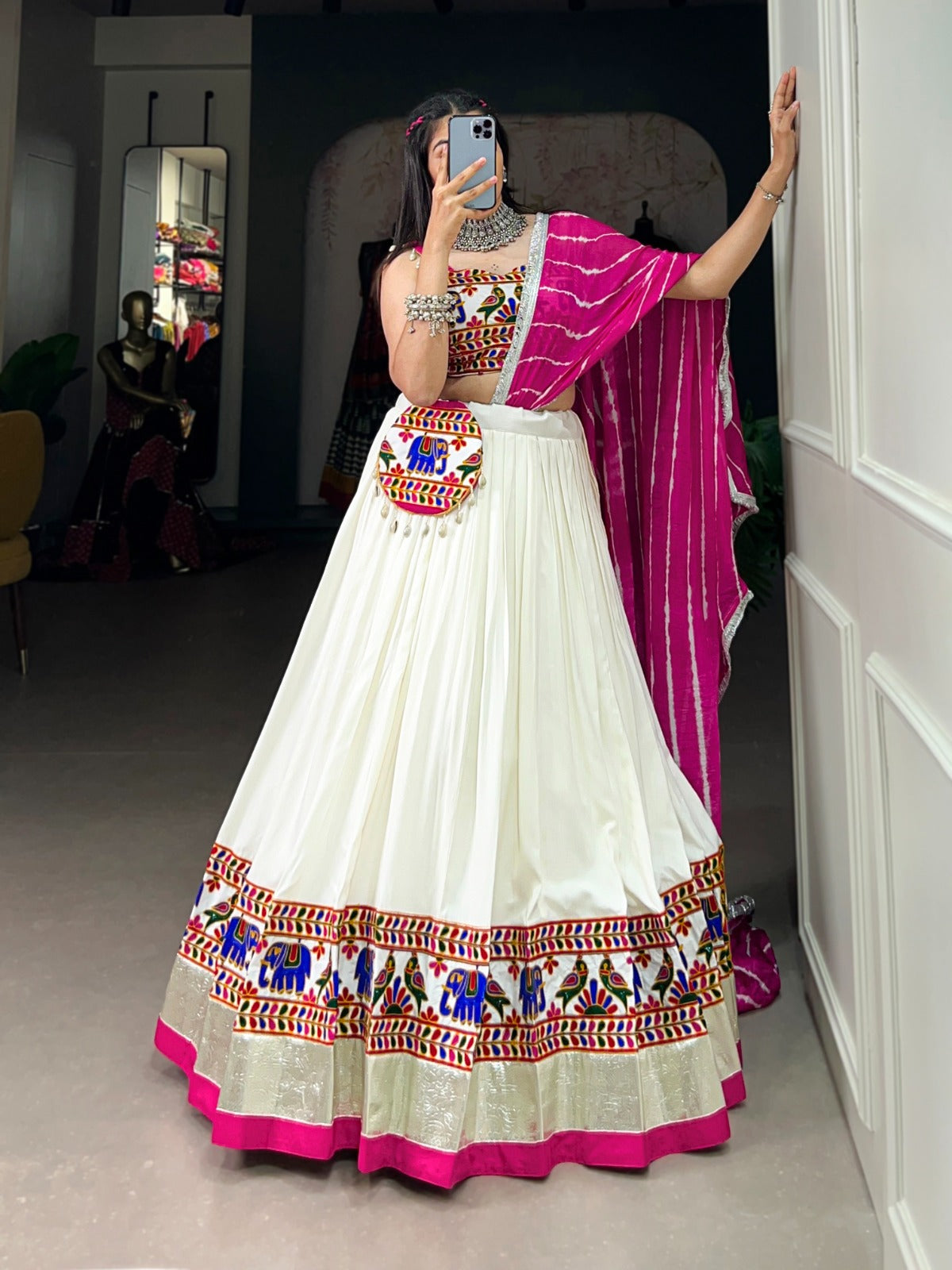 Radiant White Gamthi Work Lehenga Choli Set with Leheriya Dupatta ClothsVilla