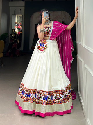 Radiant White Gamthi Work Lehenga Choli Set with Leheriya Dupatta ClothsVilla