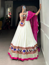 Load image into Gallery viewer, Radiant White Gamthi Work Lehenga Choli Set with Leheriya Dupatta ClothsVilla