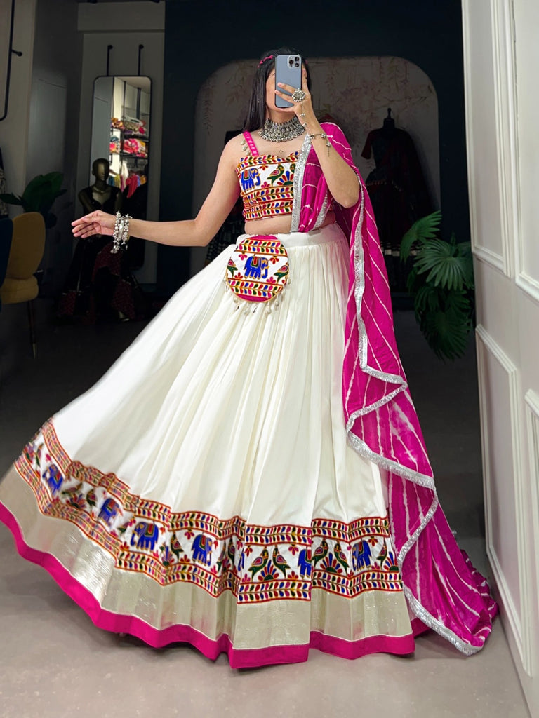 Radiant White Gamthi Work Lehenga Choli Set with Leheriya Dupatta ClothsVilla