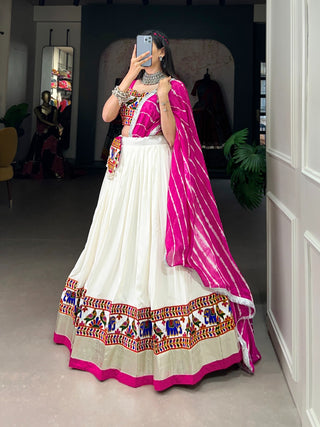 Radiant White Gamthi Work Lehenga Choli Set with Leheriya Dupatta ClothsVilla