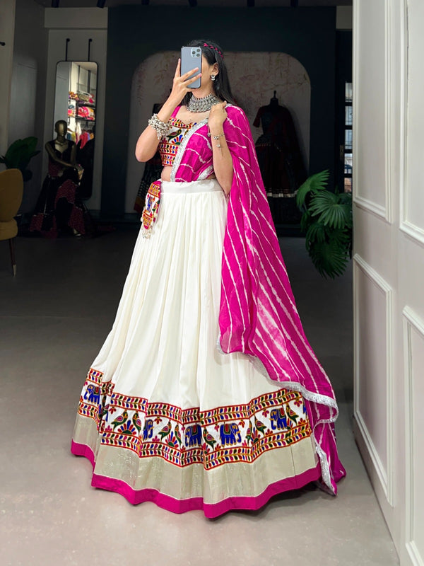 Radiant White Gamthi Work Lehenga Choli Set with Leheriya Dupatta ClothsVilla