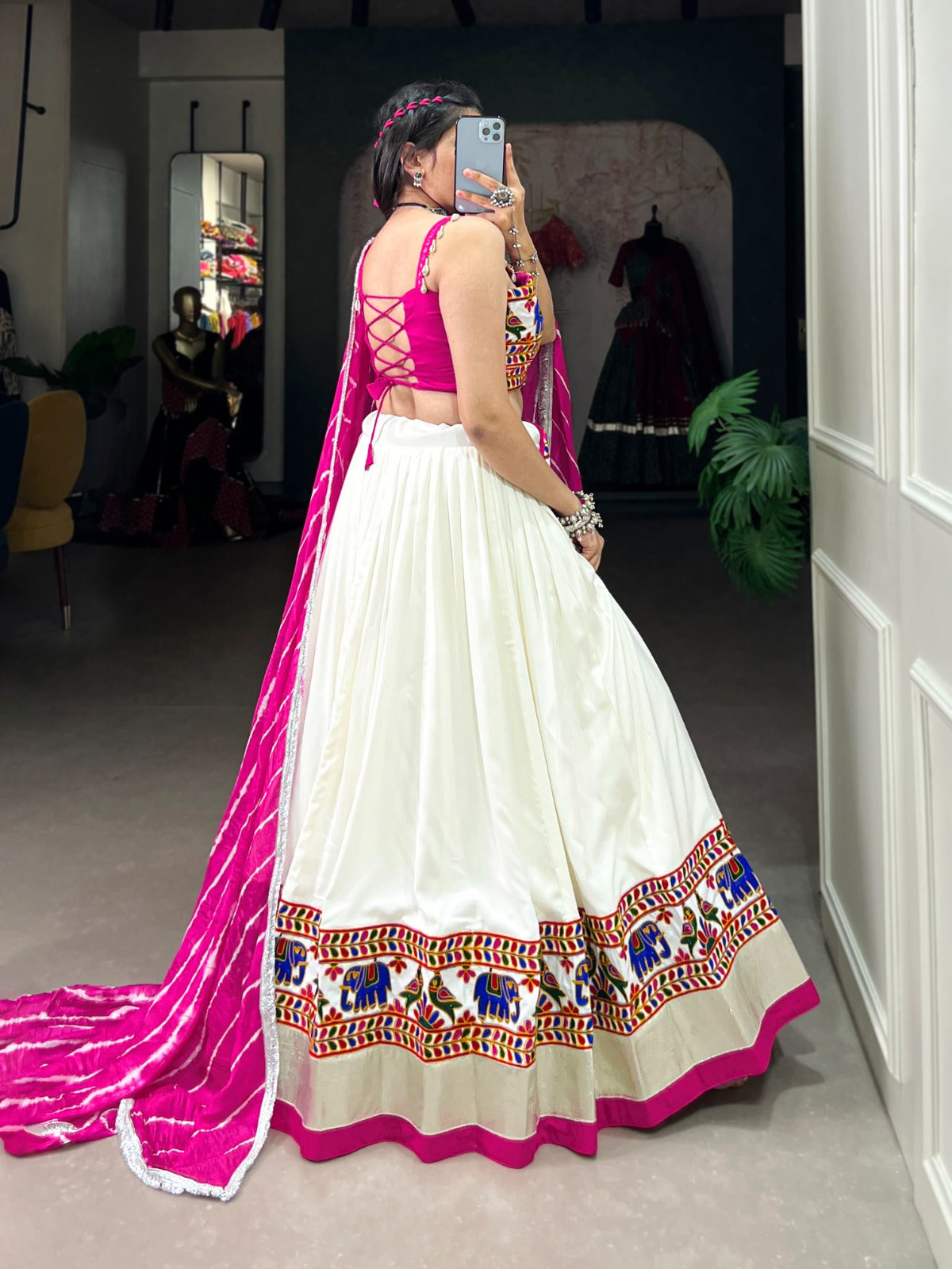 Radiant White Gamthi Work Lehenga Choli Set with Leheriya Dupatta ClothsVilla