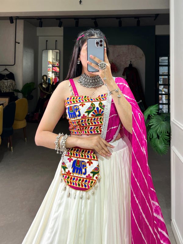 Radiant White Gamthi Work Lehenga Choli Set with Leheriya Dupatta ClothsVilla