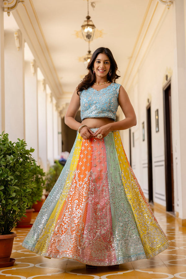 Rainbow Designer Faux Georgette Sequins Embroidered Lehenga Set with Net Dupatta ClothsVilla