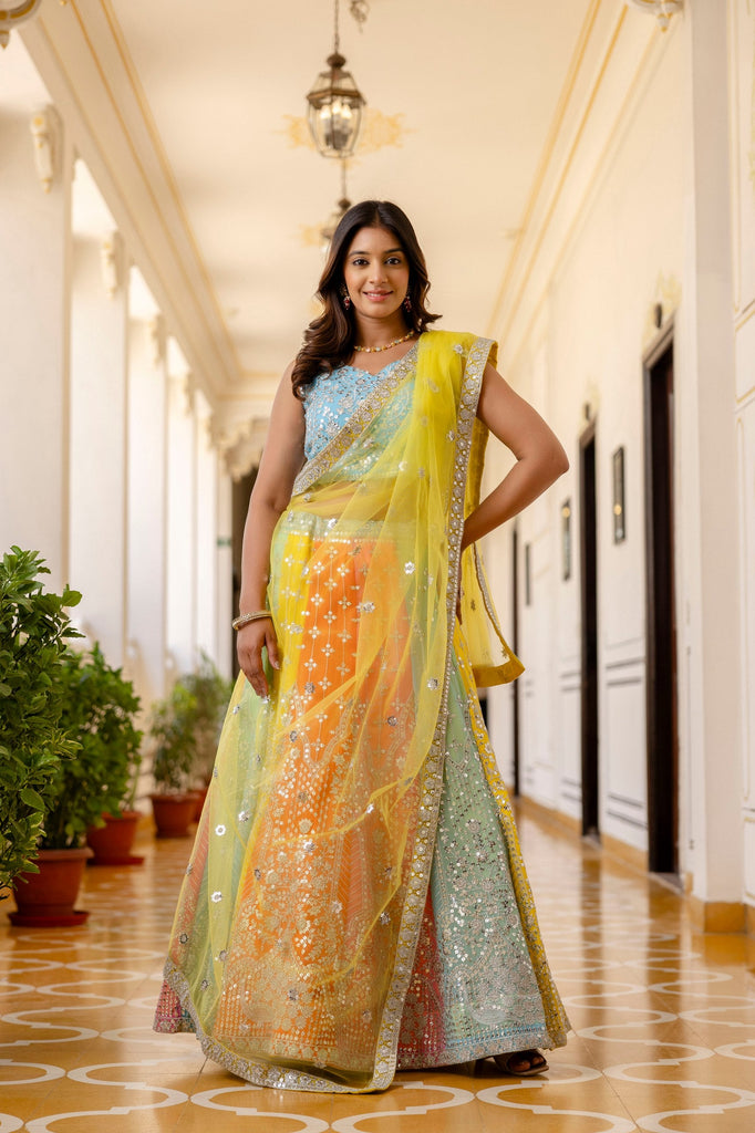 Rainbow Designer Faux Georgette Sequins Embroidered Lehenga Set with Net Dupatta ClothsVilla