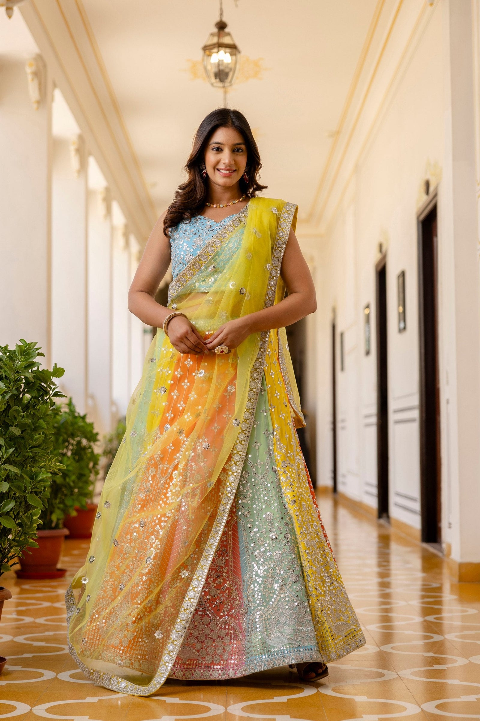 Rainbow Designer Faux Georgette Sequins Embroidered Lehenga Set with Net Dupatta ClothsVilla