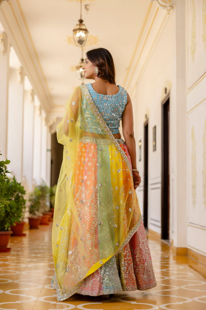 Rainbow Designer Faux Georgette Sequins Embroidered Lehenga Set with Net Dupatta ClothsVilla