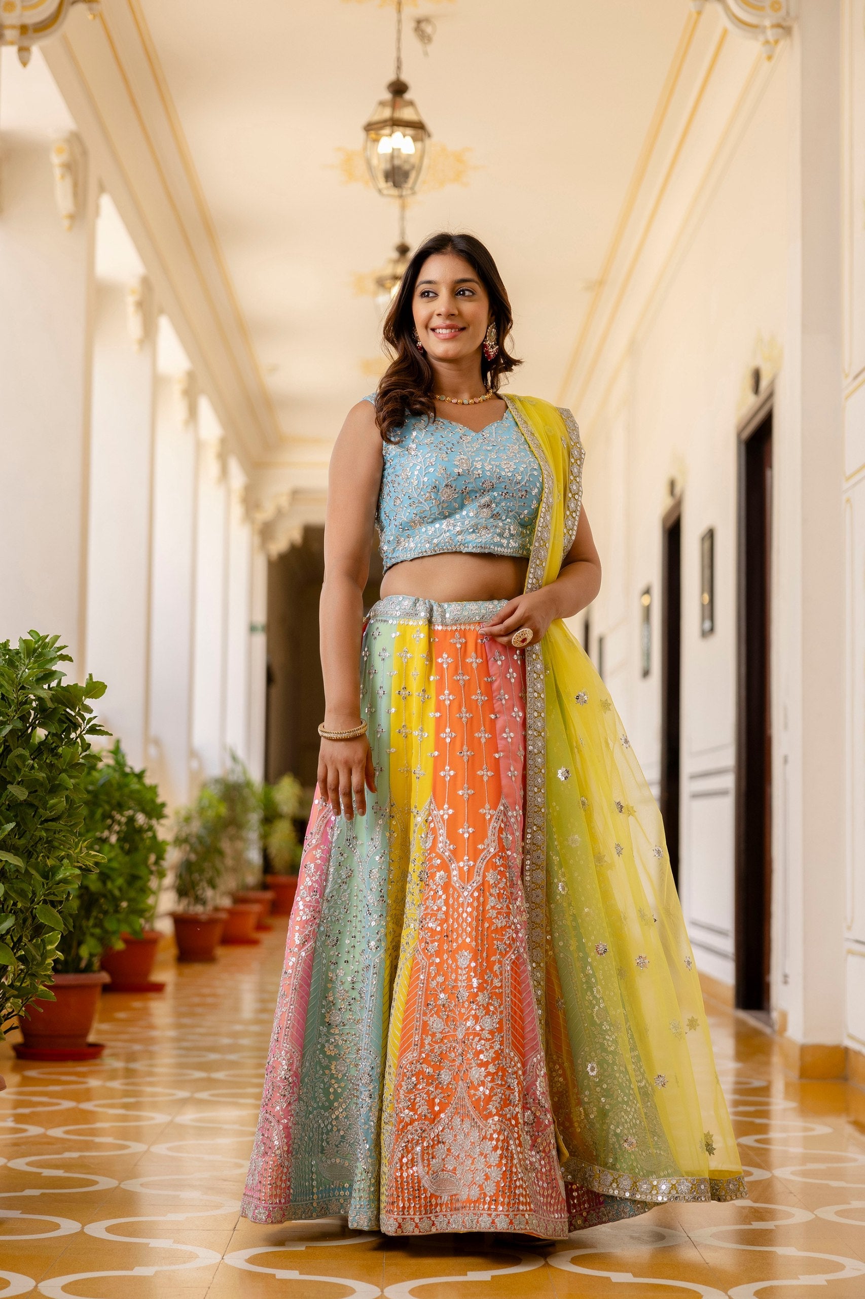Rainbow Designer Faux Georgette Sequins Embroidered Lehenga Set with Net Dupatta Secondary image