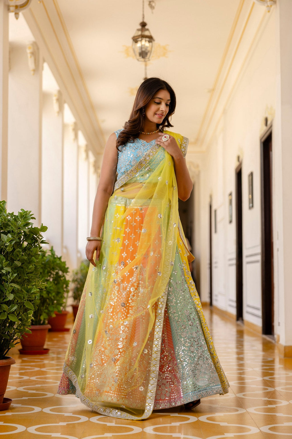Rainbow Designer Faux Georgette Sequins Embroidered Lehenga Set with Net Dupatta ClothsVilla