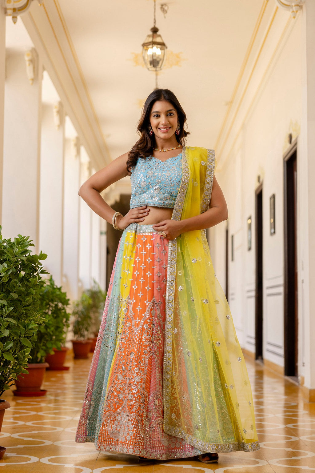 Rainbow Designer Faux Georgette Sequins Embroidered Lehenga Set with Net Dupatta ClothsVilla